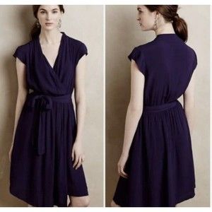 Anthropologie Maeve Womens XS Noronha Purple Crepe Wrap Dress Belted Knee Length